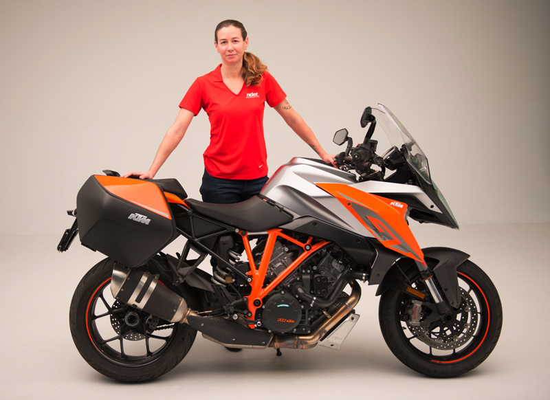 Jenny with the still-dripping wet KTM 1290 Super Duke GT at the Peterson Automotive Museum. Photo by James McKeone (@nobraking).