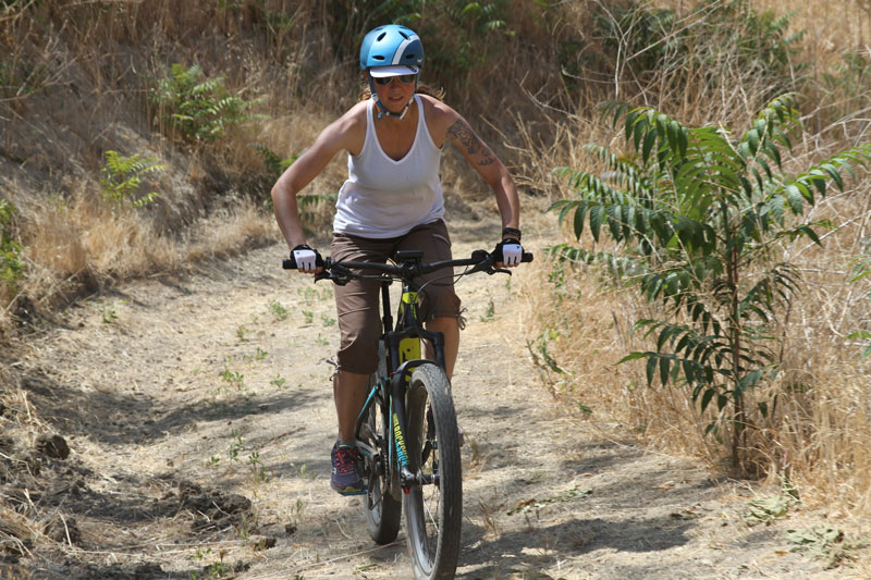 The author hits the trail on her Giant Full-E+ electric pedal assist mountain bike.