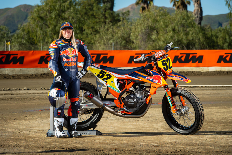 Shayna Texter and her Red Bull KTM Factory Racing American Flat Track machine. Photo by Simon Cudby/KTM North America.