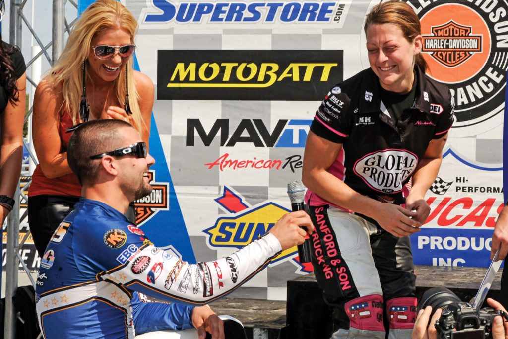Jared Mees proposes to Nichole Cheza Mees at the Springfield Mile