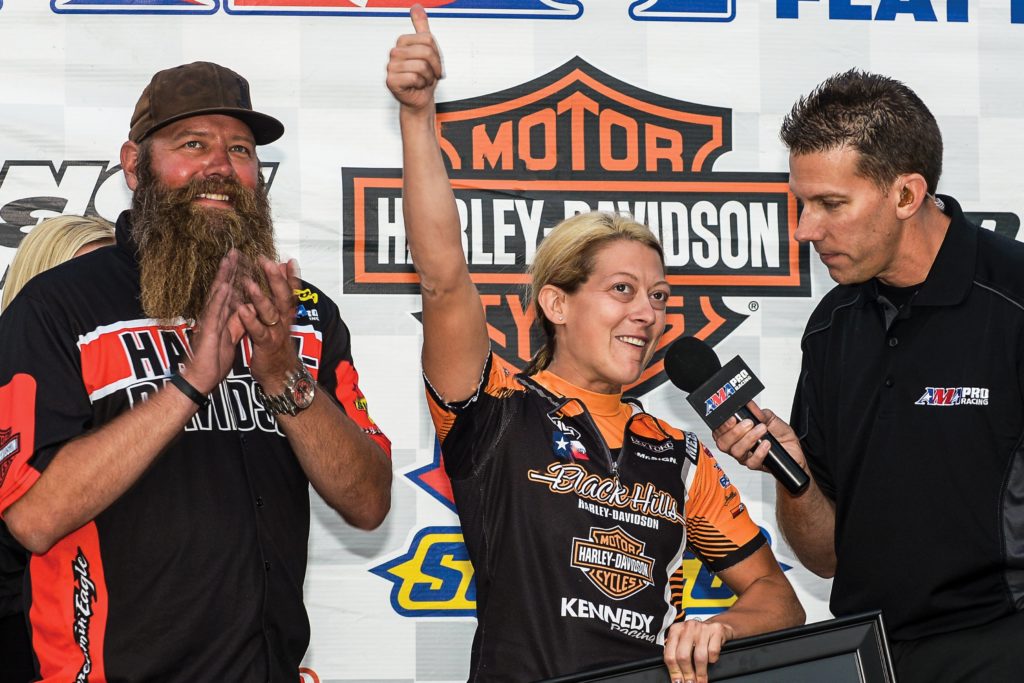 Motorcycle racer Nichole Cheza Mees and American Flat Track announcer Scottie Deubler 