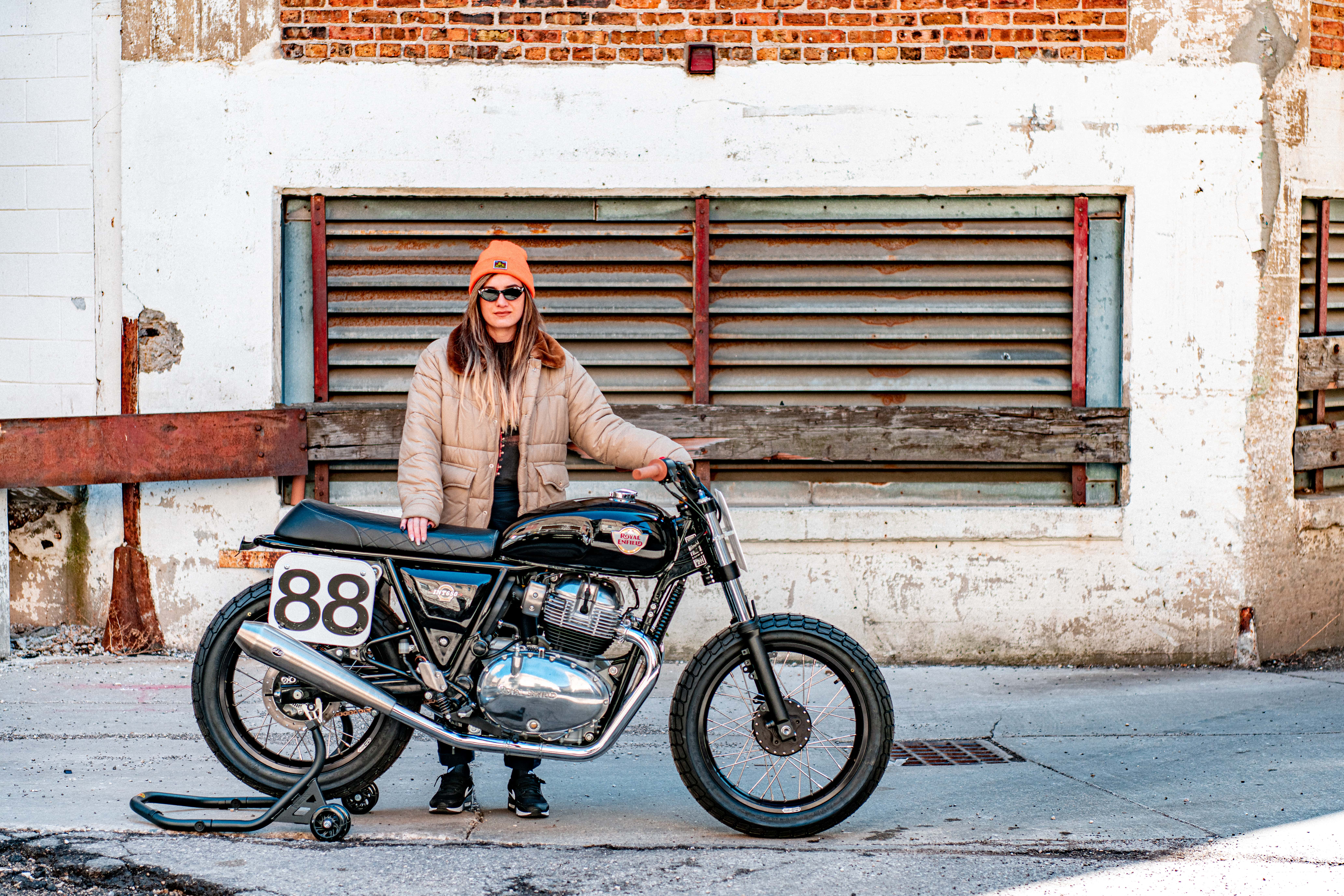 Lanakila Macnaughton with her Royal Enfield as part of the Build Train Race program at the bikes' debut in Milwaukee