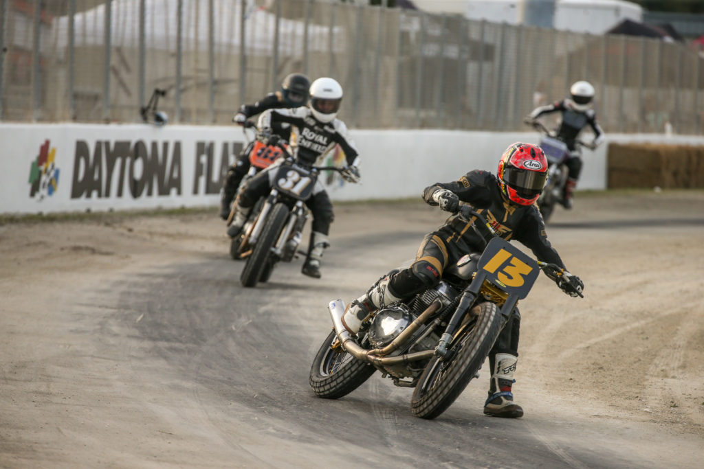 Melissa Paris wins at the Daytona Short Track aboard the Royal Enfield in Build Train Race